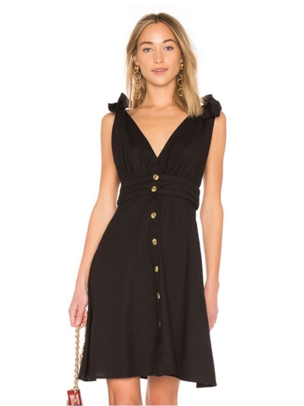 LPA Black a-line linen plunge mini dress with button front and ties